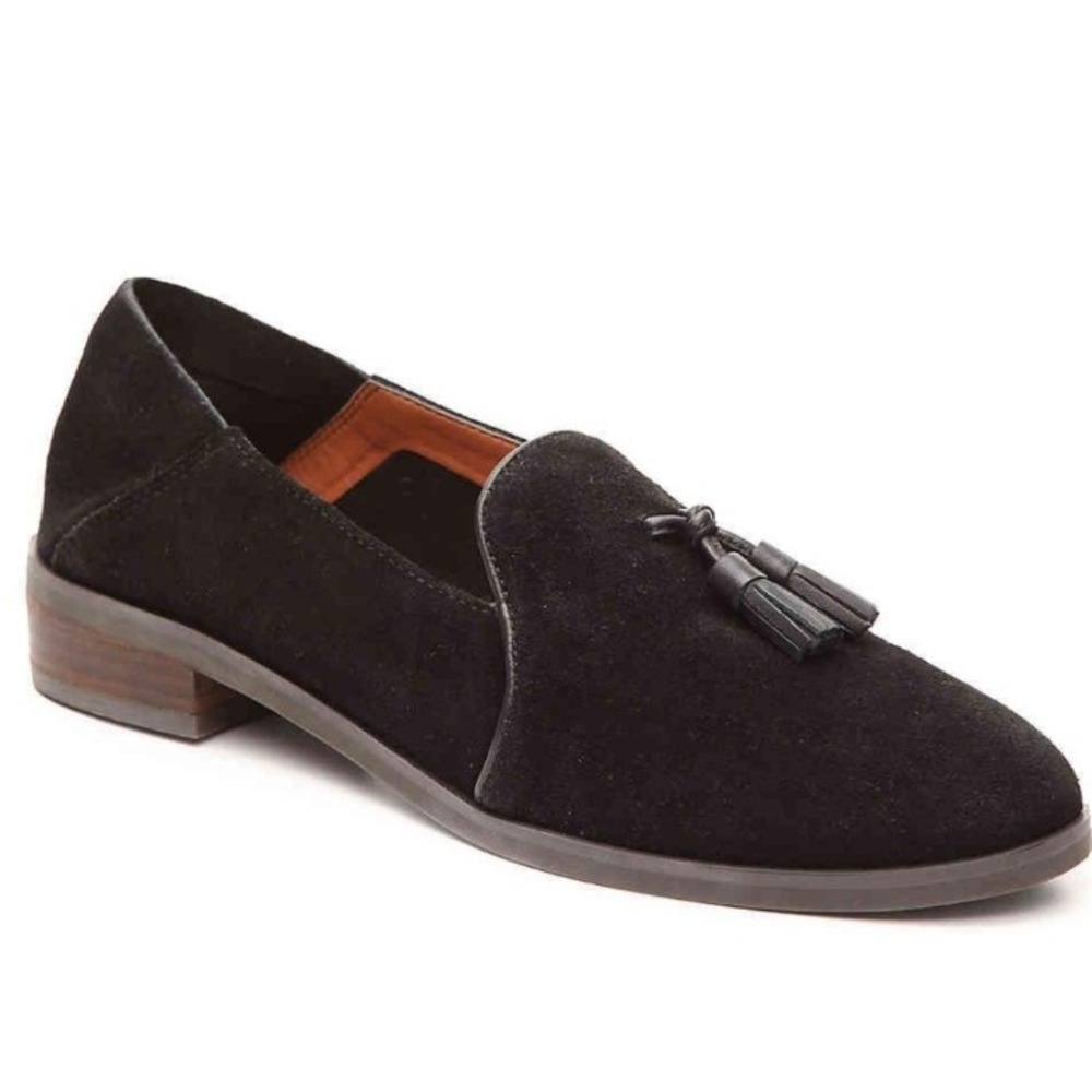 Lucky Brand Black Suede Cardyn Loafers Sz 6 Slip On Tassel Preppy Office Goth